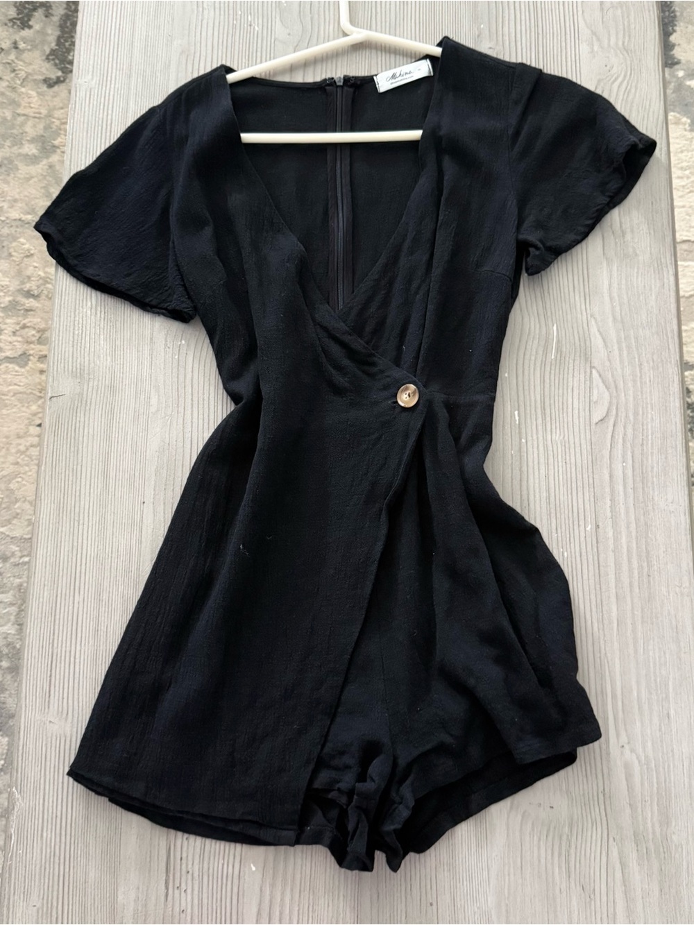 mahina Black Short Sleeve Wrap Romper Dress with Button